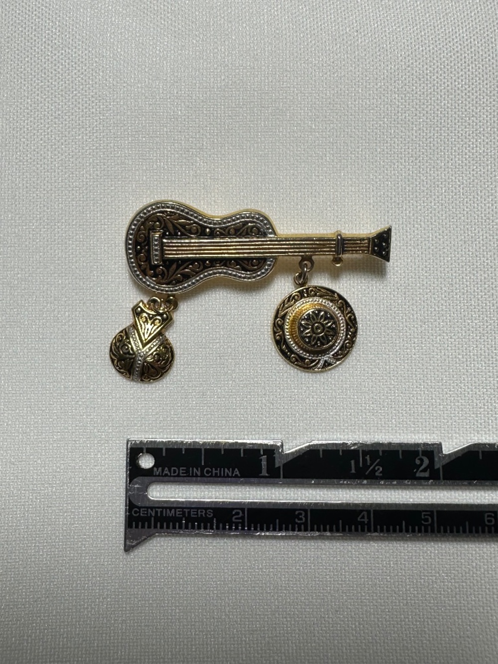 Vintage Guitar Brooch Pin Gold & Silver Tone Dangle Charms Music Lover Jewelry